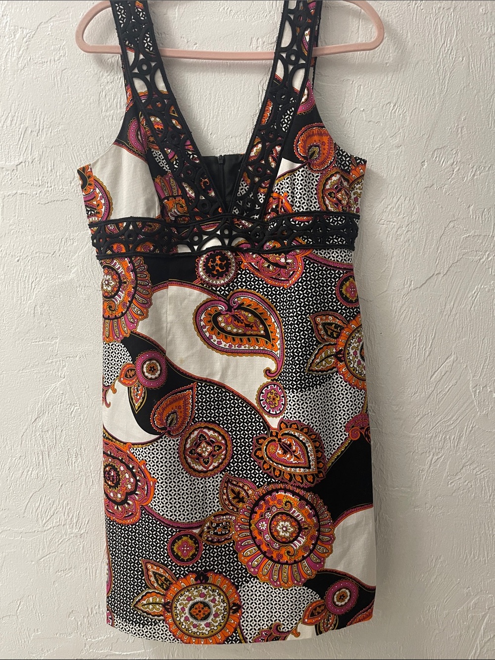 Trina Turk Black Dress with Pink & Orange Paisley Accents